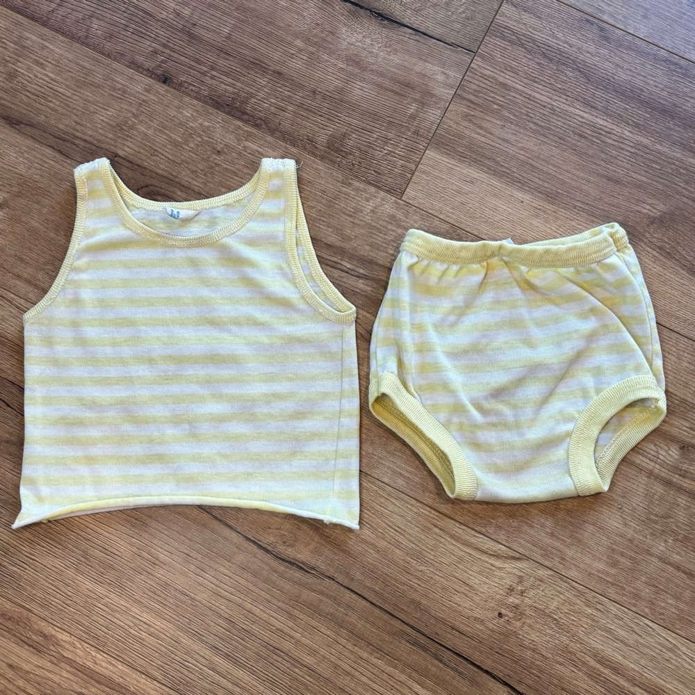 Vintage Curity Yellow White Stripe Tank Top Bloomer Outfit Baby 6-9 Months